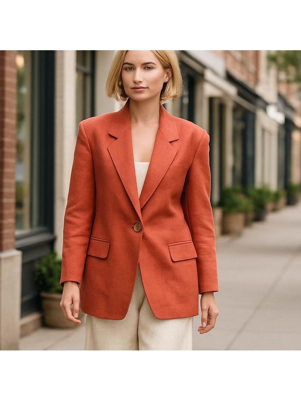 90s CHARACTER SUBURBANWEAR LINEN PEACH PINK BOXY 1 BUTTON BLAZER CLASSIC SZ 12